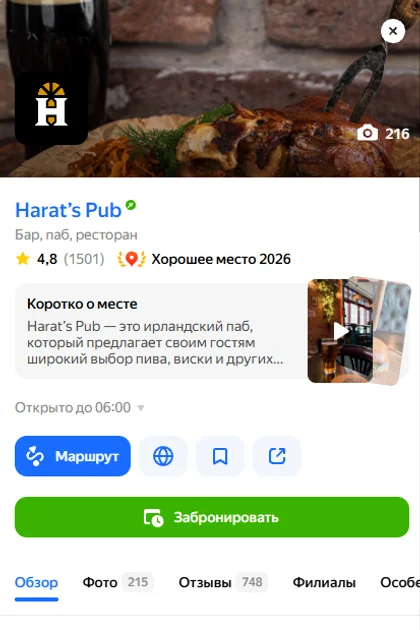 Карточка «Harat’s Pub» в Яндекс Картах